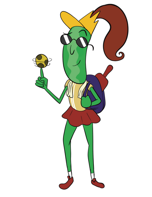 Pickelballl female character with visor like a crown spinning a pickleball on her finger an carrying a backpack