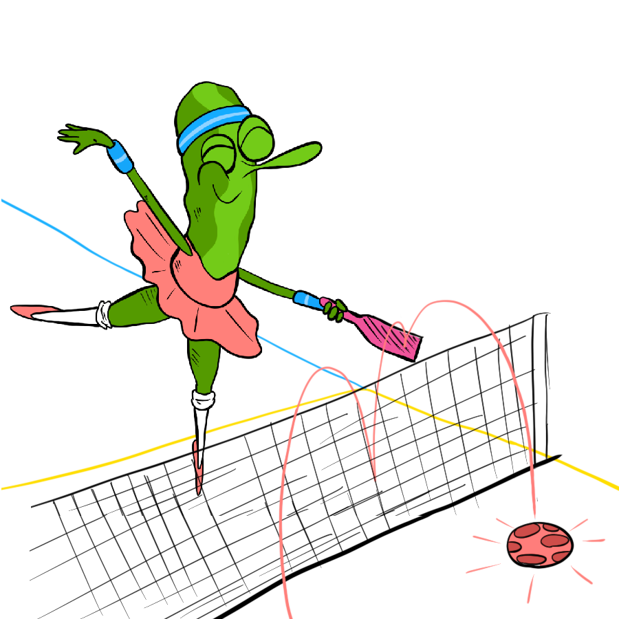 ballerina pickle playing pickleball in pink tutu and hitting a pink ball over a net on a court