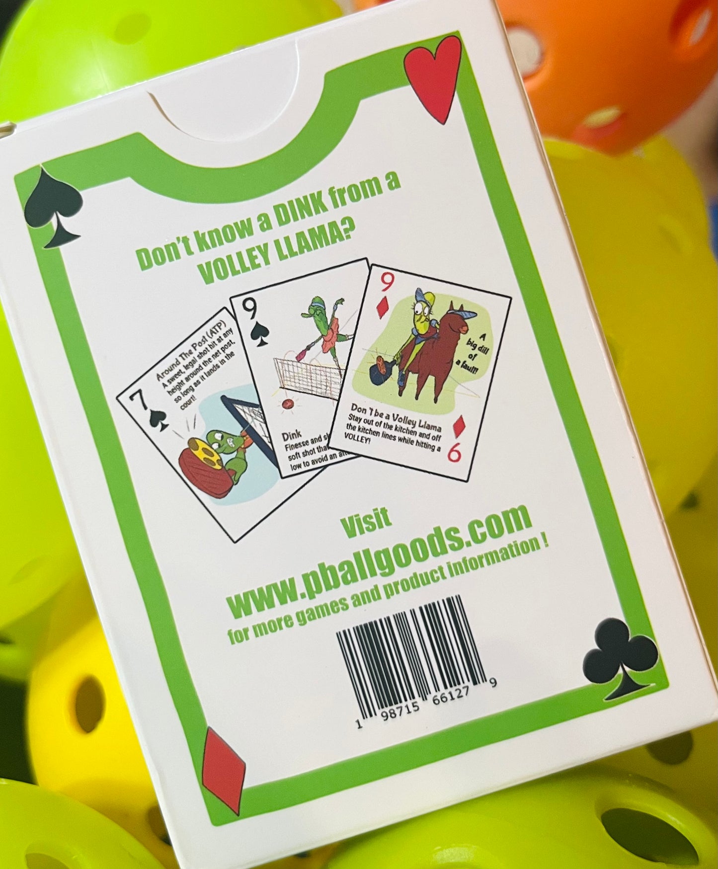 back of pickleball deck box showing cards and website www.pballgoods.com to visit for more information