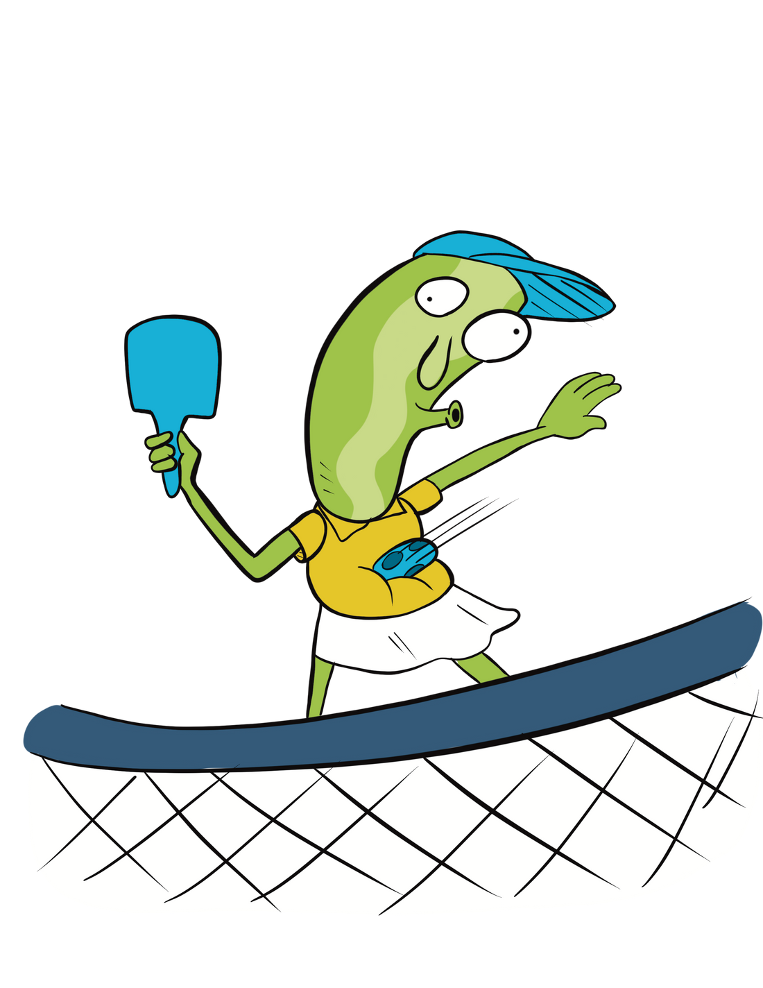 pickle character playing pickleball with surprised by a ball hit into her stomach