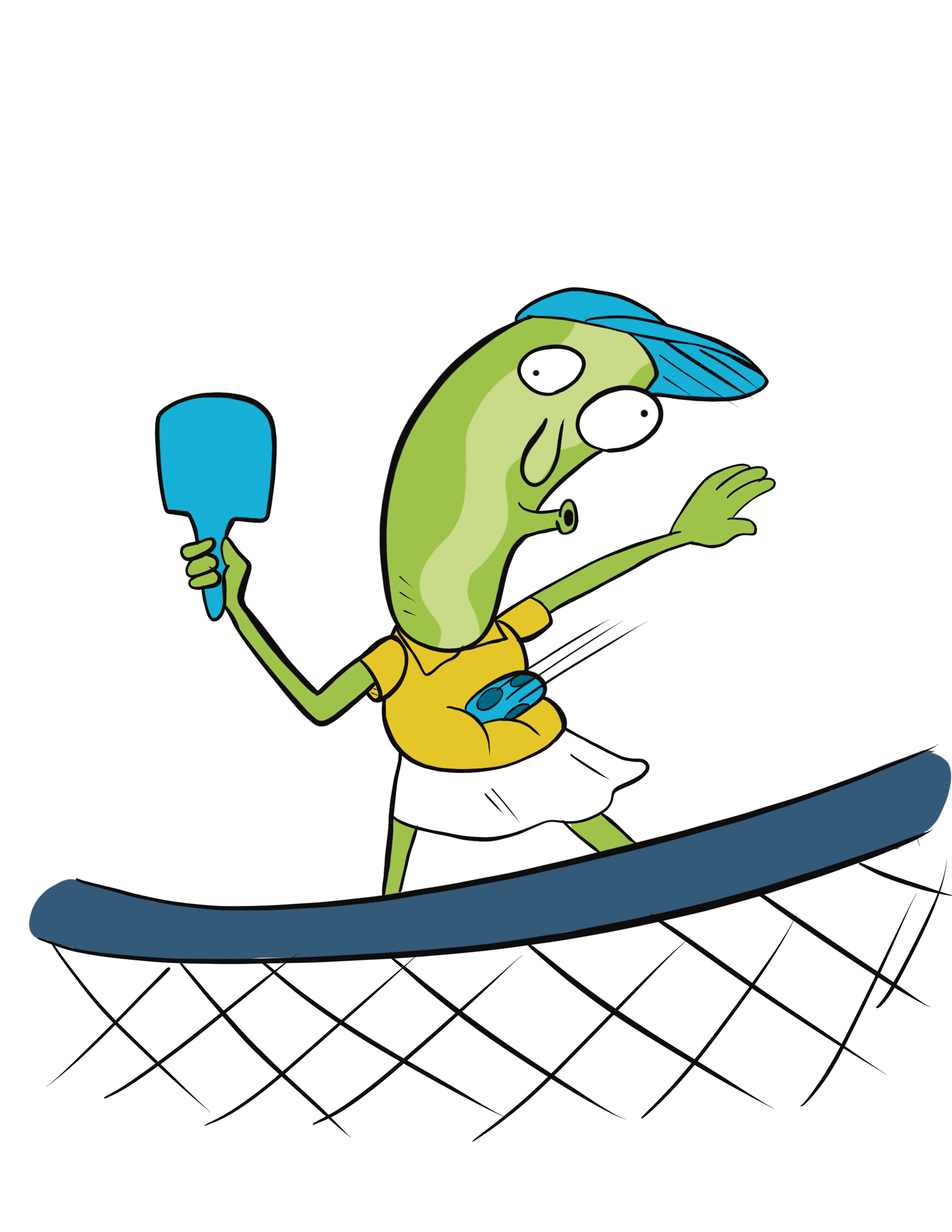 pickle character playing pickleball with surprised by a ball hit into her stomach
