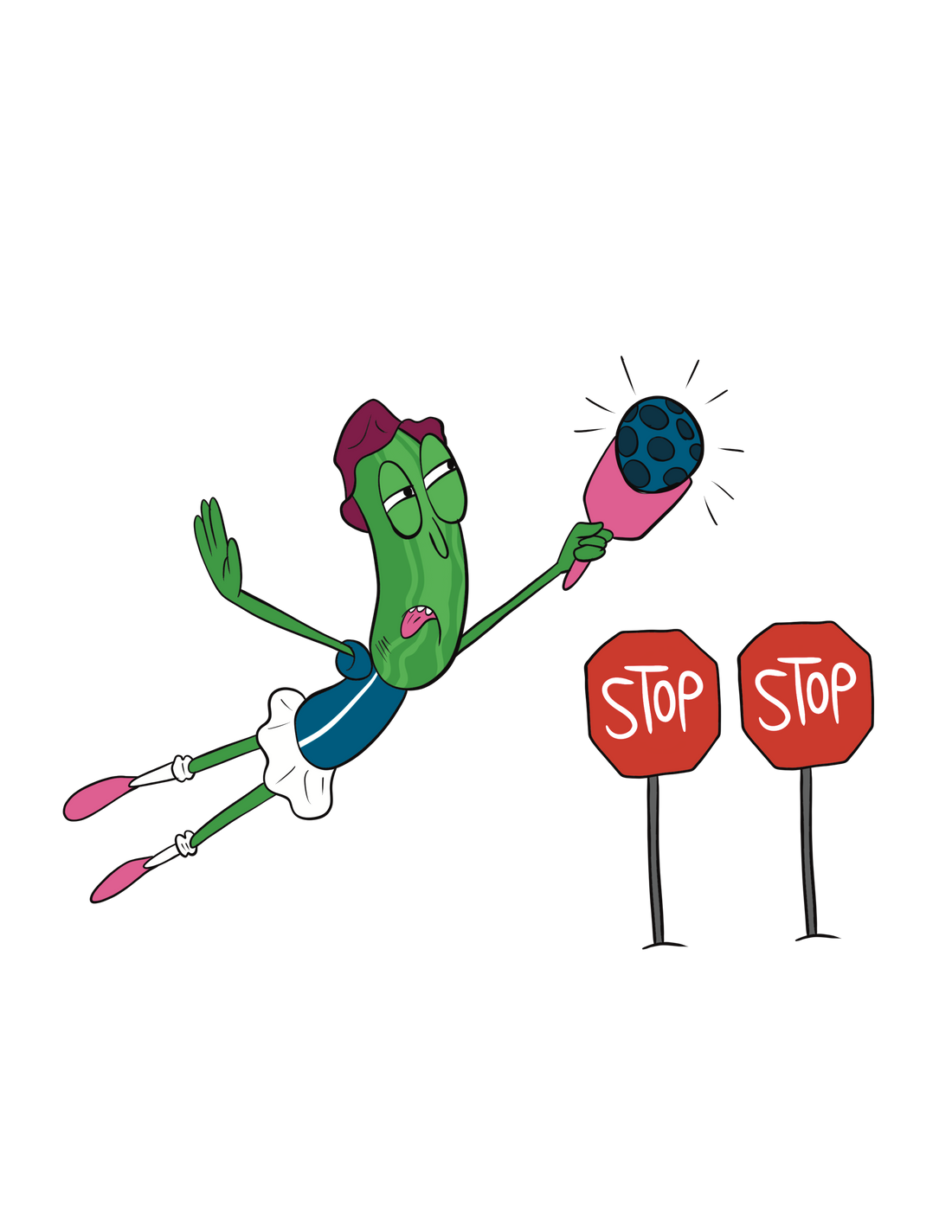 pickleball character reaching to hit a pickleball next to two stop signs.