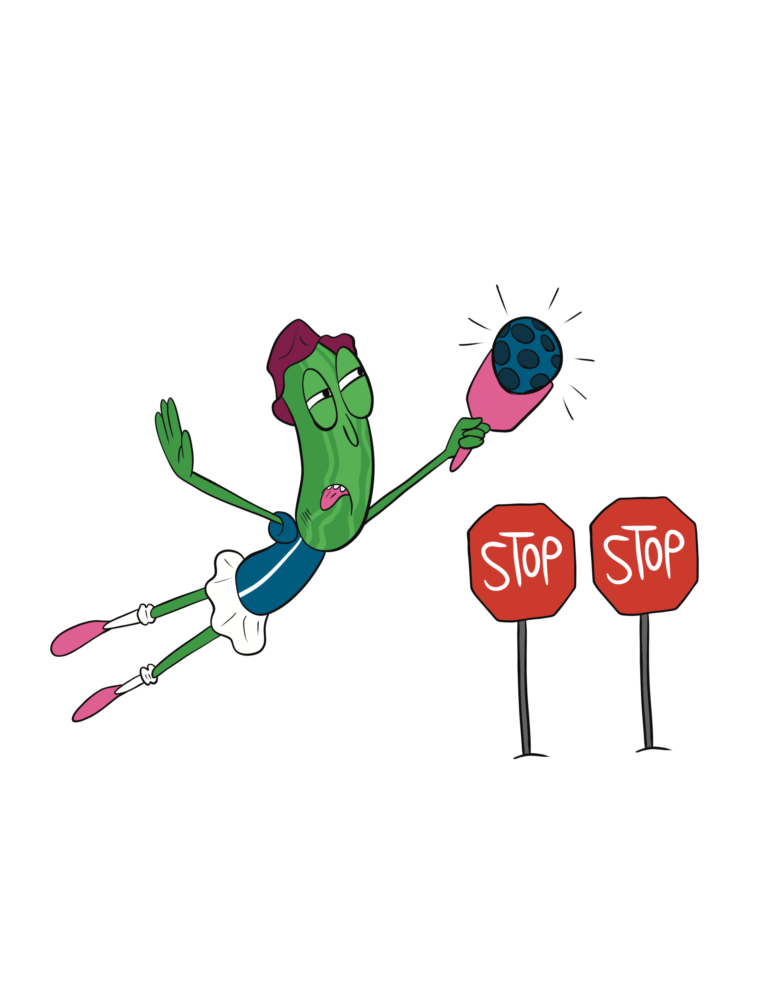 pickleball character reaching to hit a pickleball next to two stop signs.