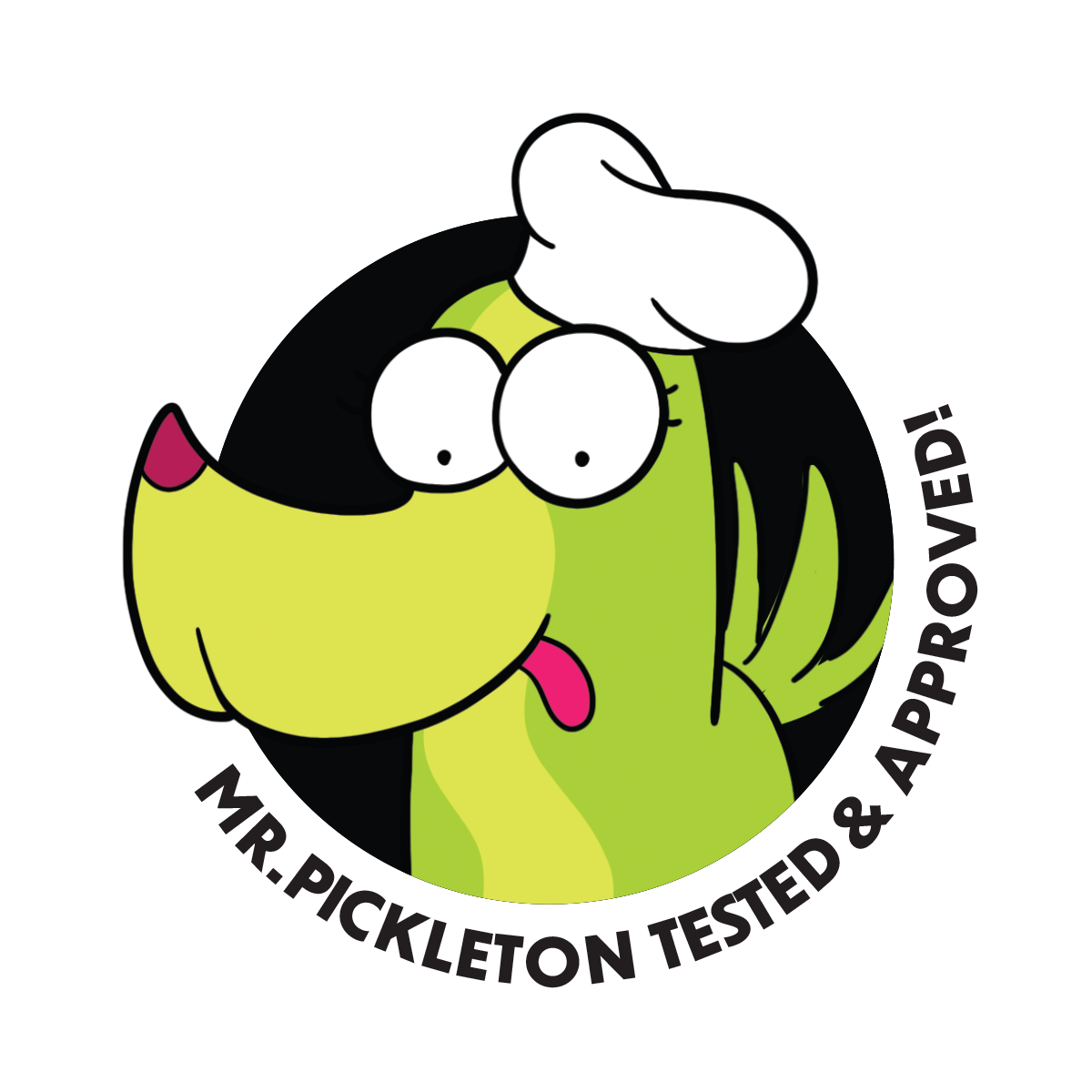 puppy named Mr. Pickleton who is happy with tongue hanging out and wearing a chef hat